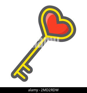 Key with heart shape filled outline icon, valentines day and romantic, love sign vector graphics, a colorful line pattern on a white background, eps 10. Stock Vector