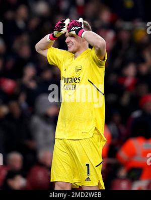 Arsenal goalkeeper Aaron Ramsdale reacts during the Premier League match at the Emirates Stadium, London. Picture date: Sunday January 22, 2023. Stock Photo