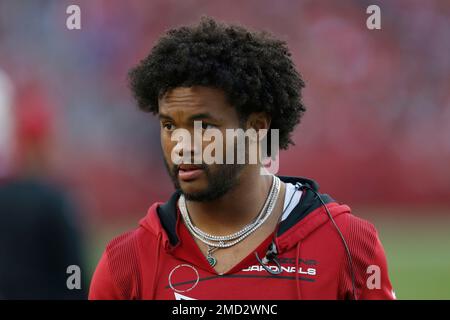 Injured Arizona Cardinals quarterback Kyler Murray smiles as he walks on  the field during NFL football training camp practice at State Farm Stadium  Thursday, Aug. 3, 2023, in Glendale, Ariz. (AP Photo/Ross