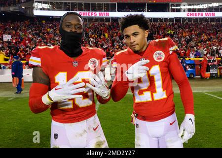 Kansas City Chiefs safety Nazeeh Johnson (13) and Chiefs cornerback Trent  McDuffie (21) celebrate their win over the Jacksonville Jaguars in an NFL  divisional round playoff football game, Saturday, Jan. 21, 2023 in Kansas  City, Mo. (AP Photo/Reed