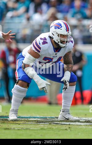 Buffalo Bills guard Cody Ford (74) jogs off the field after a play during  the first half of an NFL football game against the Jacksonville Jaguars,  Sunday, Nov. 7, 2021, in Jacksonville