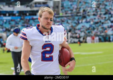 Buffalo Bills place kicker Tyler Bass (2) kicks a PAT during the