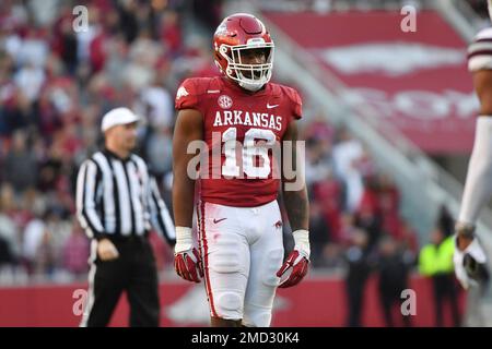 Arkansas receiver Treylon Burks (16) runs for a big gain against ...