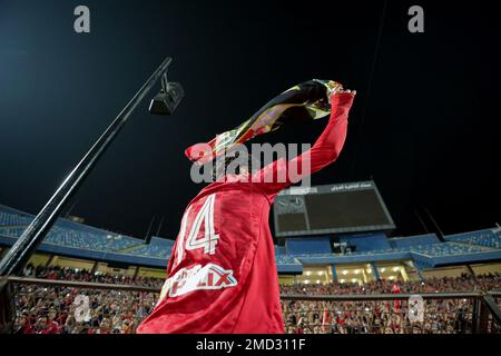 CAIRO, EGYPT - 21 JANUARY. Hussein El Shahat of Al Ahly celebrates after winning the Egyptian Premier League match between Zamalek SC and Al Ahly SC a Stock Photo