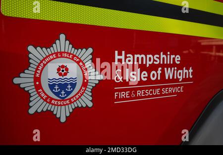 Hampshire and Isle of Wight Fire and Rescue service, badge on the side of a fire engine. Stock Photo