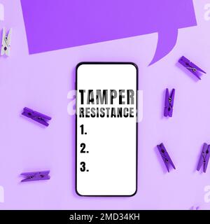 Hand writing sign Tamper Resistance. Business approach resilent to physical harm, threats, intimidation, or corrupt persuasion Stock Photo