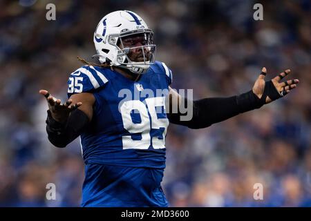 November 04, 2021: Indianapolis Colts defensive lineman Kwity Paye (51)  during NFL football game action between the New York Jets and the  Indianapolis Colts at Lucas Oil Stadium in Indianapolis, Indiana.  Indianapolis