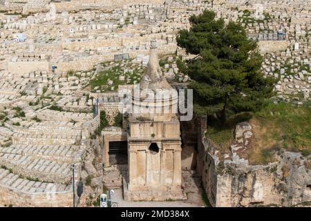 The Tomb of Absalom, also called Absaloms Pillar, is an ancient monumental rock-cut tomb located in the Kidron Valley in Jerusalem, Isreal. Stock Photo
