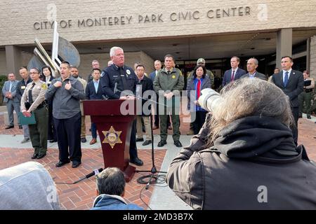 Monterey Park Chief of Police Scott Wiese briefs the media outside the