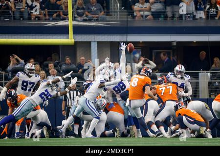 Dallas Cowboys place-kicker Brandon Aubrey (1) prepares to kick the ball  during an NFL Football game in Arlington, Texas, Saturday, August 12, 2023.  (AP Photo/Michael Ainsworth Stock Photo - Alamy