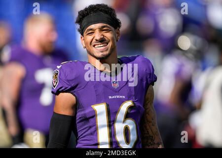 Baltimore Ravens wide receiver Tylan Wallace (16) prior to an NFL football  game between the Baltimore Ravens and the New England Patriots, Sunday,  Sept. 25, 2022, in Foxborough, Mass. (AP Photo/Michael Dwyer