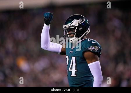 Philadelphia Eagles' James Bradberry reacts during an NFL divisional round  playoff football game, Saturday, Jan. 21, 2023, in Philadelphia. (AP  Photo/Matt Slocum Stock Photo - Alamy