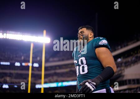 Philadelphia Eagles offensive tackle Jordan Mailata (68) walks off the  field after an NFL football game against the New York Giants, Sunday, Nov.  28, 2021, in East Rutherford, N.J. (AP Photo/Adam Hunger