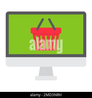 Online Shopping flat icon, basket and pc, e commerce sign vector graphics, a colorful solid pattern on a white background, eps 10. Stock Vector