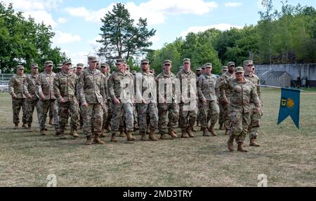 The 13th Missile Defense Battery, commanded by Capt. Rachel Skalisky, execute a pass and review during a change of command ceremony, July 12, 2022 at Sembach Kaserne, Germany. The command's lineage dates from July 1, 1942 when it was first constitutes as the 10th Coast Artillery (Harbor Defense) at Fort Adams, Rhode Island. It deploys worldwide to conducts joint and combined/coalition air and missile defense operations in the U.S. European command area of operations. Stock Photo