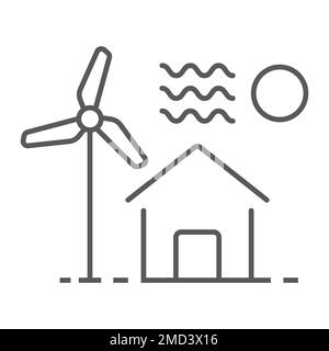 House with windmill thin line icon, real estate and home, ecology sign vector graphics, a linear pattern on a white background, eps 10. Stock Vector