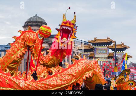 Close up of the beautifully decorated dragon performing its traditional Chinese New Year dragon dance in Liverpool seen in January 2023. Stock Photo