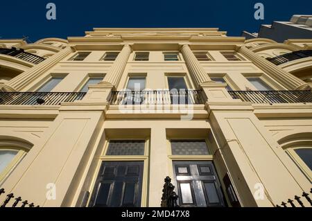 Close up of Brunswick Terrace on the sea front in Hove, Brighton in East Sussex, showing architectural detail. An example of Regency architecture. Stock Photo