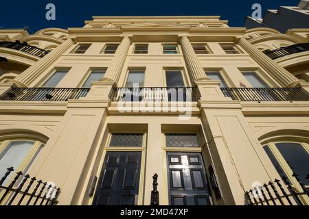 Close up of Brunswick Terrace on the sea front in Hove, Brighton in East Sussex, showing architectural detail. An example of Regency architecture. Stock Photo