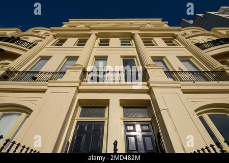 Close up of Brunswick Terrace on the sea front in Hove, Brighton in East Sussex, showing architectural detail. An example of Regency architecture. Stock Photo