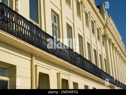 Close up of Brunswick Terrace on the sea front in Hove, Brighton in East Sussex, showing architectural detail. An example of Regency architecture. Stock Photo