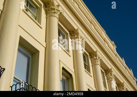 Close up of Brunswick Terrace on the sea front in Hove, Brighton in East Sussex, showing architectural detail. An example of Regency architecture. Stock Photo