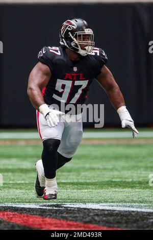 Atlanta Falcons defensive end Grady Jarrett (97) can't make the