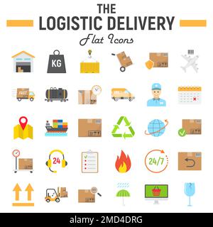 Logistic flat icon set, Delivery symbols collection, vector sketches, logo illustrations, shipping signs colorful solid pictograms package isolated on white background, eps 10. Stock Vector