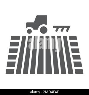 Tractor on field glyph icon, farming and agriculture, plowing sign vector graphics, a solid pattern on a white background, eps 10. Stock Vector