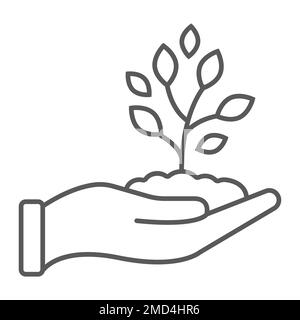 Sprout in hand thin line icon, farming and agriculture, plant care sign vector graphics, a linear pattern on a white background, eps 10. Stock Vector