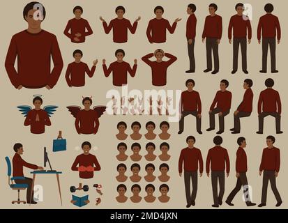 Vector black african man character casual poses set in flat style. Full length, gestures, emotions, front, side, back view. Stock Vector