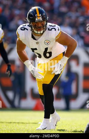 November 28, 2021: Pittsburgh Steelers outside linebacker Alex Highsmith  (56) interception attempt at the NFL football game between the Pittsburgh  Steelers and the Cincinnati Bengals at Paul Brown Stadium in Cincinnati,  Ohio.