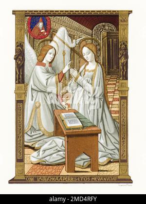 The Annunciation. After a 16th century miniature, Les Petites Heures d'Anne de Bretagne, which belonged to Catherine de Medici. The Arts of the Middle Ages and at the Period of the Renaissance by Paul Lacroix, 1874 Stock Photo