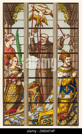 King Francis I and his wife Eleanor of Austria in Prayers. Stained glass window, Saint-Michel and Saint-Gudule Gothic cathedral, Brussels XVI. Belgium. The Arts of the Middle Ages and at the Period of the Renaissance by Paul Lacroix, 1874 Stock Photo