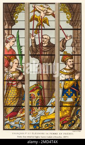 Francois I and Eleanor his wife in Prayers. Stained glass window, Saint-Michel and Saint-Gudule Gothic cathedral, Brussels XVI. Belgium. The Arts of the Middle Ages and at the Period of the Renaissance by Paul Lacroix, 1874 Stock Photo