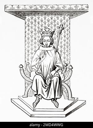 Louis IX King of France depicted on his regal chair tapestried in fleurs de lis. The Arts of the Middle Ages and at the Period of the Renaissance by Paul Lacroix, 1874 Stock Photo