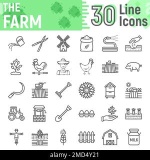 Farm line icon set, farming symbols collection, vector sketches, logo illustrations, agriculture signs linear pictograms package isolated on white background, eps 10. Stock Vector