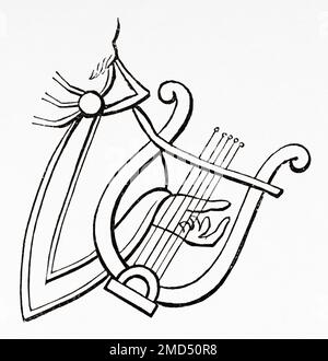Ancient Greek musical instrument. Lyre. Engraving. 19th century. Color ...