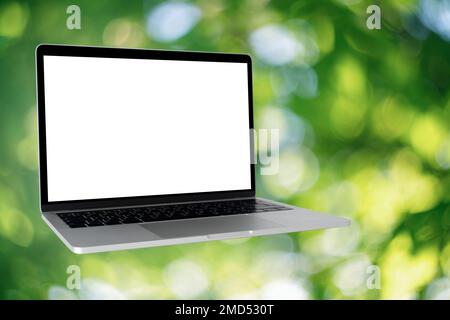 Laptop with empty screen on a green background Stock Photo