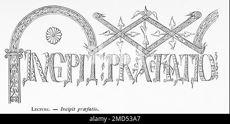 Title and capital letters of the 7th century, according to the evangeliary of Notre-Dame de Paris. The Arts of the Middle Ages and at the Period of the Renaissance by Paul Lacroix, 1874 Stock Photo