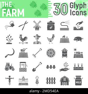 Farm glyph icon set, farming symbols collection, vector sketches, logo illustrations, agriculture signs solid pictograms package isolated on white background, eps 10. Stock Vector