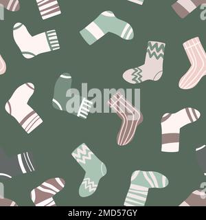 Seamless pattern with modern colorful socks. Trendy accessories in doodle style. Various cotton foot cloth. Cartoon socks for web and print, for Stock Vector