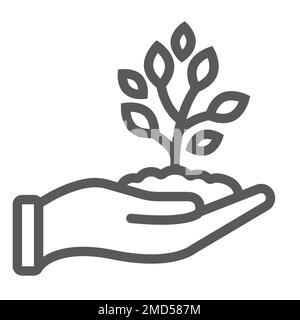 Sprout in hand line icon, farming and agriculture, plant care sign vector graphics, a linear pattern on a white background, eps 10. Stock Vector