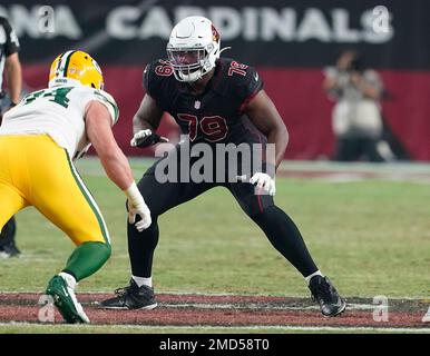 Arizona Cardinals offensive tackle Josh Jones, left, blocks Cardinals  linebacker Myjai Sanders (41) during NFL football training camp practice at  State Farm Stadium Monday, Aug. 7, 2023, in Glendale, Ariz. (AP Photo/Ross