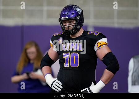 Northern Iowa offensive lineman Trevor Penning (70) looks to make a block  during an NCAA college football game against Southern Illinois, Saturday,  Oct. 30, 2021, in Cedar Falls, Iowa. (AP Photo/Charlie Neibergall