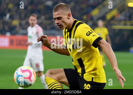 Julian RYERSON (DO) with ball, single action with ball, action, soccer 1st Bundesliga, 16th matchday, Borussia Dortmund (DO) - FC Augsburg (A) 4: 3, on January 22nd, 2023 in Dortmund/Germany. Stock Photo