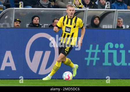 Julian RYERSON (DO) with ball, single action with ball, action, soccer 1st Bundesliga, 16th matchday, Borussia Dortmund (DO) - FC Augsburg (A) 4: 3, on January 22nd, 2023 in Dortmund/Germany. Stock Photo