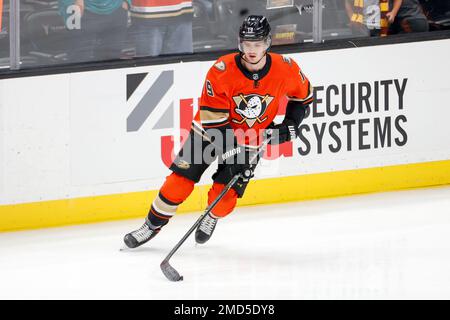 Anaheim Ducks forward Sonny Milano (12) warms up before an NHL hockey game  against Montreal Canadiens Sunday, Oct. 31, 2021, in Anaheim, Calif. (AP  Photo/Ringo H.W. Chiu Stock Photo - Alamy