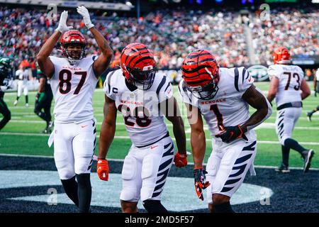 East Rutherford, New Jersey, USA: November 3, 2021, Cincinnati Bengals  running back Joe Mixon (28) gets flipped after making a long run during a  NFL football game against the New York Jets