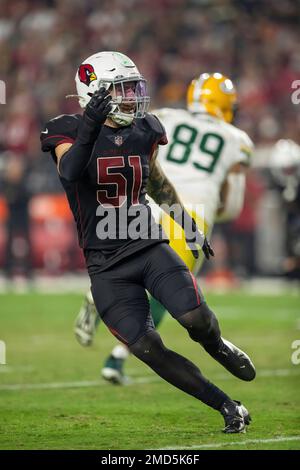 Arizona Cardinals linebacker Tanner Vallejo (51) wears an Ecuador flag  sticker on his helmet prior to an NFL football game against the Carolina  Panthers, Sunday, Oct. 2, 2022, in Charlotte, N.C. (AP